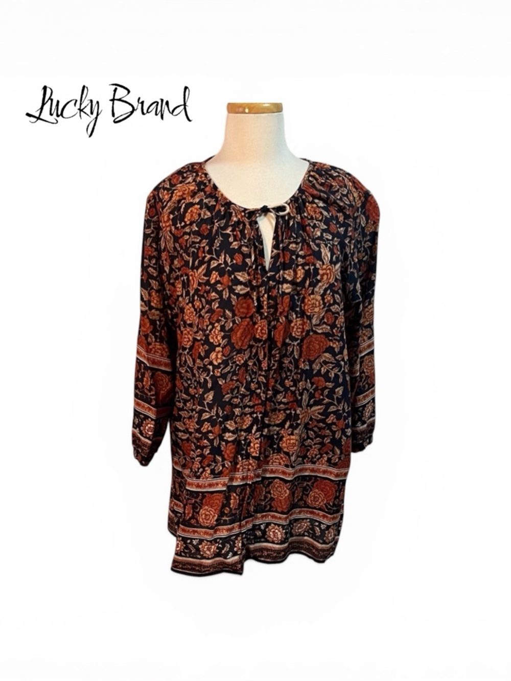 NWOT Lucky Brand Boho Floral Tie-Neck Peasant Top - Black & Rust